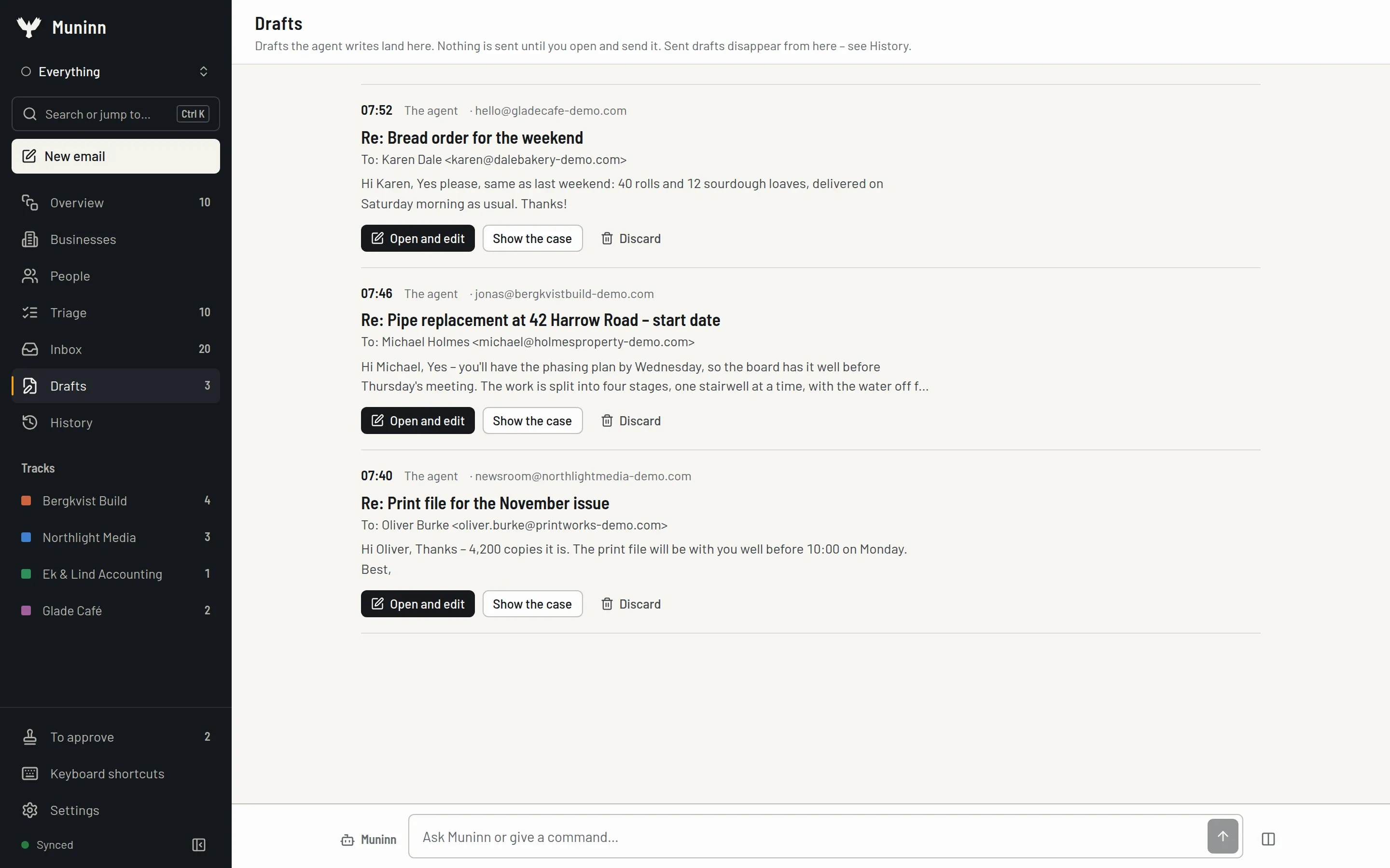 Drafts in your voice – Screenshot with fictional demo data.